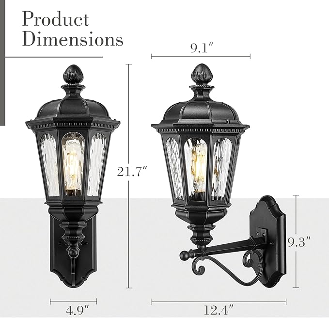 Emliviar Classic 21.7 Inch Black Front Door Wall Lighting, Outside Waterproof Wall Sconce with Water Ripple Glass Shade for Garage, E26 Socket, XE304B-M BK-SW