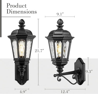 Emliviar Classic 21.7 Inch Black Front Door Wall Lighting, Outside Waterproof Wall Sconce with Water Ripple Glass Shade for Garage, E26 Socket, XE304B-M BK-SW