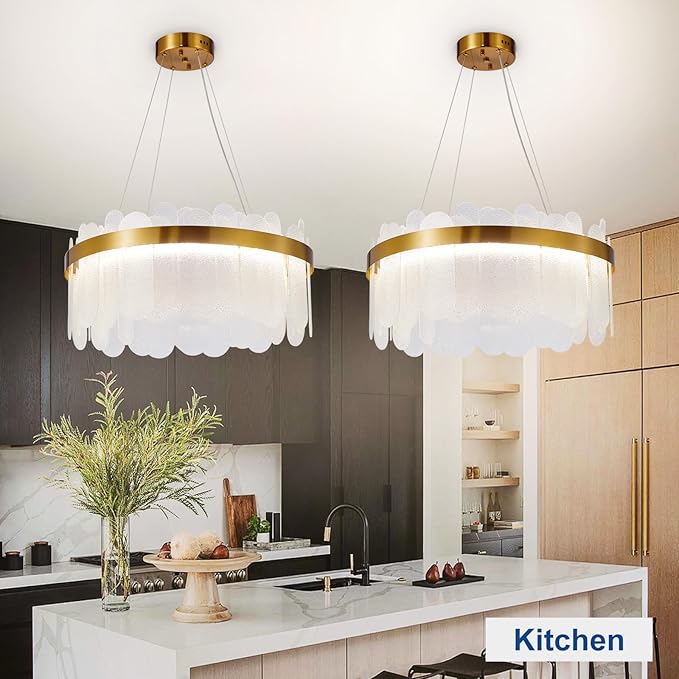 Depuley Modern Gold Glass Chandeliers: 23.6" Dimmable LED Chandeliers Light Fixture with Remote Control - 3 Colors Contemporary Pendant Ceiling Light for Dining Living Room Kitchen Island Foyer