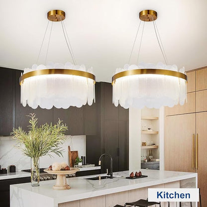 Depuley Modern Gold Glass Chandeliers: 23.6" Dimmable LED Chandeliers Light Fixture with Remote Control - 3 Colors Contemporary Pendant Ceiling Light for Dining Living Room Kitchen Island Foyer