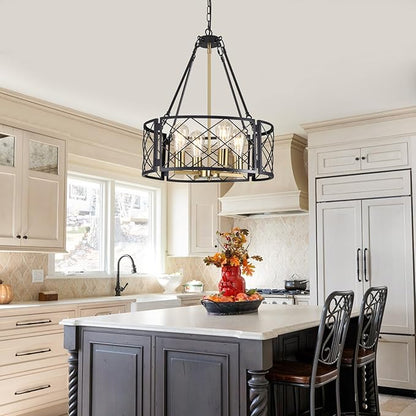 20'' Farmhouse Chandelier, 4-Light Black and Gold Dining Room Light Fixture Over Table, Rustic Industrial Drum Hanging Pendant Lights Fixture for Kitchen Island Living Room Bedroom Hallway Entryway