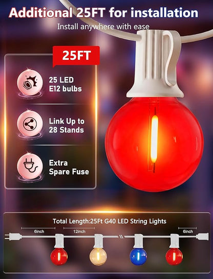 4th of July String Lights, 25FT G40 Red White and Blue Lights with 27 Shatterproof G40 LED Bulbs(2 Spare), Plug In Outdoor String Lights for Independence Day Patriotic Party Patio Backyard Decor