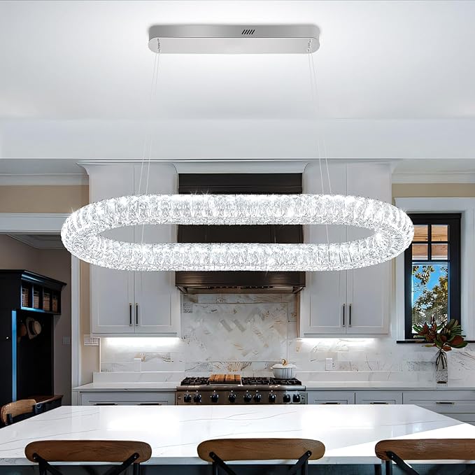 Crystal Ring Chandelier, 31.5'' Chrome Crystal Ring Pendant Light for Kitchen Island Modern Linear Oval Chandeliers for Dining Room Dimmable 3000K-6000K