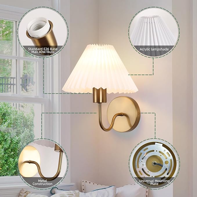 Brushed Brass Wall Sconces Sets of 2 With White Pleated lampshade, Indoor Gooseneck Gold Wall Lamp Lighting, Bathroom Dresser Hardwired sconces wall decor Fixture for Living Room Bedroom Dining Room
