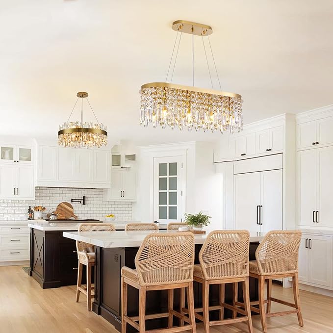 Siljoy Modern Crystal Chandelier for Dining Room, 8-Light Rectangular Gold K9 Crystal Raindrop Pendant Ceiling Light Fixture for Living Room Kitchen Island Bar L31.5'' x W11'' x H11''