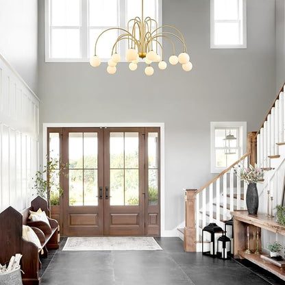 Extra Large Mid Century Sputnik Chandelier L59’’ 18 Lights Modern Gold Milk Glass Globe Ceiling Pendant Light Fixture for Foyer Staircase Living Dining Room High Ceiling