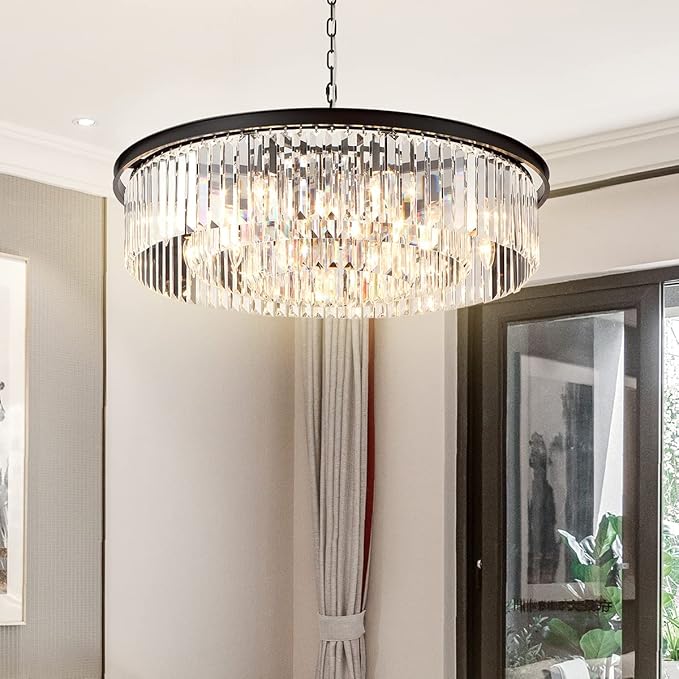 Black Large Crystal Chandelier Modern Luxury Chandelier Ceiling Lights Fixture for Dining Living Room 12-Lights 3-Tier Raindrop Chandeliers Lighting (Black, Dia 31 Inch)