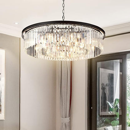 Black Large Crystal Chandelier Modern Luxury Chandelier Ceiling Lights Fixture for Dining Living Room 12-Lights 3-Tier Raindrop Chandeliers Lighting (Black, Dia 31 Inch)