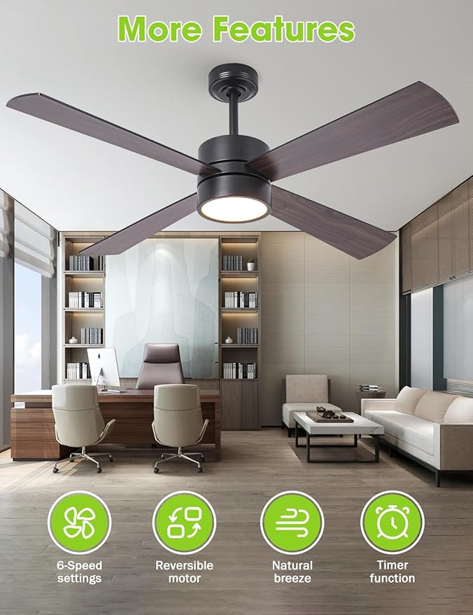 52-Inch DC Motor Ceiling Fan with LED Light, 4 Reversible Blades, Remote & APP Control, Black & Walnut Finish, Dimmable 3-Color Lighting, Energy Efficient Indoor Ceiling Fan with Timer & Memory