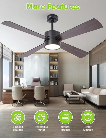 52-Inch DC Motor Ceiling Fan with LED Light, 4 Reversible Blades, Remote & APP Control, Black & Walnut Finish, Dimmable 3-Color Lighting, Energy Efficient Indoor Ceiling Fan with Timer & Memory