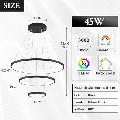 3 Ring Modern LED Chandelier Black Dimmable Round Chandeliers, LED Circular Pendant Light Fixture with Remote Control for Living Room, Dining Room, Office, Entry, Bedroom