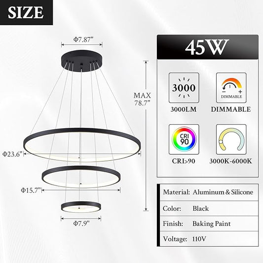 3 Ring Modern LED Chandelier Black Dimmable Round Chandeliers, LED Circular Pendant Light Fixture with Remote Control for Living Room, Dining Room, Office, Entry, Bedroom