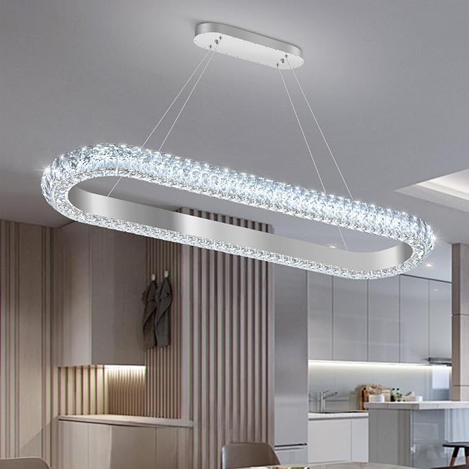 40'' Oval Ring Crystal Chandelier Modern LED Dimmable Ring Pendant Light Chandelier for Dining Room Living Room Silver