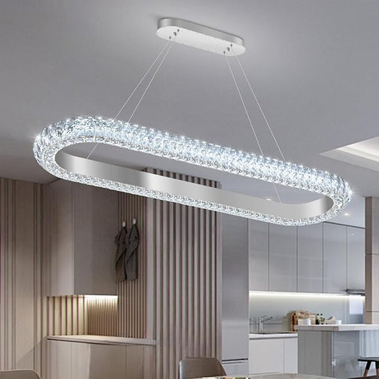 40'' Oval Ring Crystal Chandelier Modern LED Dimmable Ring Pendant Light Chandelier for Dining Room Living Room Silver