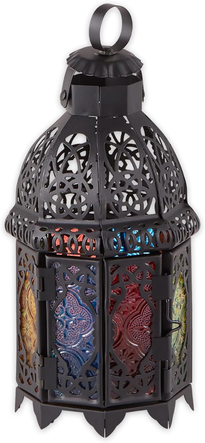 Zingz & Thingz Moroccan Style Candle Lantern Holder, Decorative Light Home Decor, Indoor & Outdoor, 13" Tall, Black with Rainbow Glass