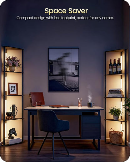 63.4” Display Shelf with Light, Modern Corner Floor Lampe with Shelves, LED Dimmable Standing Lamp with Remote for Living Room, Bedroom, Office, Adjustable CCT, Black Triangle B55LD05
