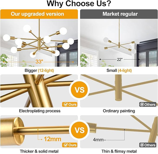 33" Modern Chandelier Ceiling Light Fixture, 12-Light Sputnik Chandeliers Brushed Gold Mid Century Chandelier Over Table, Height Adjustable Chandeliers for Dining Room Living Room (Bulbs Not Included)