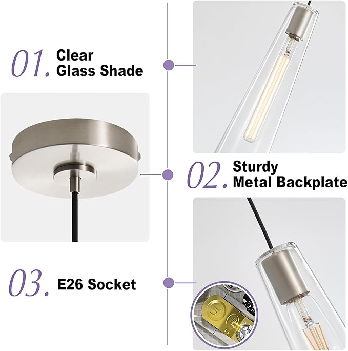 Modern Glass Pendant Lights Kitchen Island, Dimmable Brushed Nickel Pendant Light Fixtures 1 Pack, Adjustable Farmhouse Hanging Light Fixture with Clear Glass Shades for Hallway Dining Room