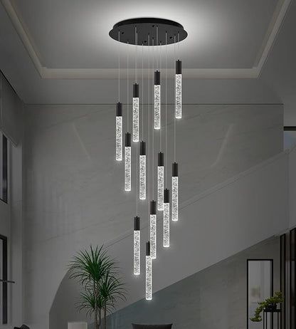 Modern High Ceiling Crystal Chandelier 12-Lights, Large Spiral LED Raindrop Foyer Pendant Lighting, Bubble Staircase Living Room Hanging Light Fixture Flush Mount Black