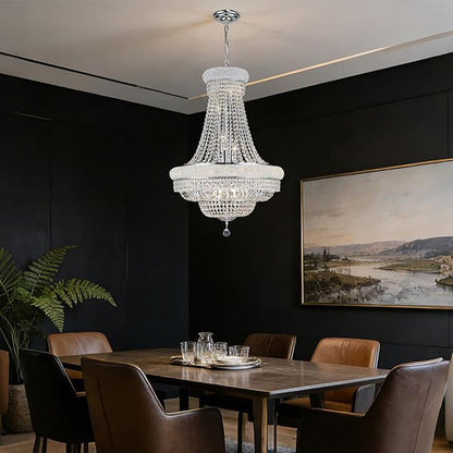 Crystal Chandeliers for Dining Room Light Fixture，Empire Style K9 Crystal Chandeliers for Entryway，18 Lights Chrome Luxury Lighting Fixtures for Living Room Bedroom Foyer Hallway D26 Inch