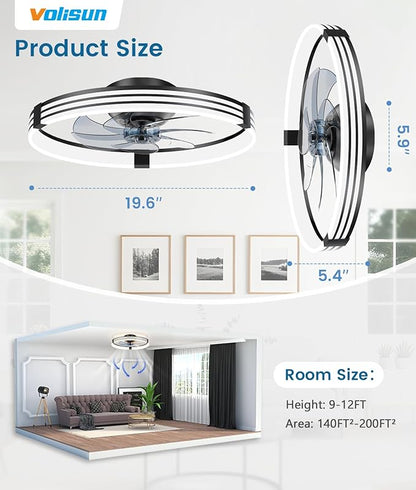 VOLISUN Low Profile Ceiling Fans with Lights and Remote, 20in Flush Mount Ceiling Fan with Light, 3000K-6500K Dimmable Fandelier LED Fan Light, Black Bladeless Ceiling Fans with Lights for Bedroom