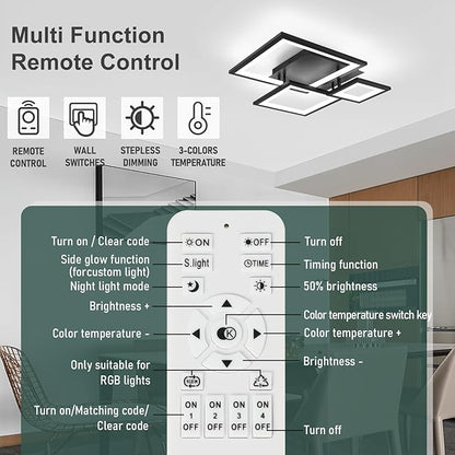 Modern Black Led Ceiling Light 3-Square Design 3000K-6500K Dimmable LED Ceiling Light with Remote 33W Acrylic Ceiling Lighting Fixture for Bedroom Kitchen Dining Room Office Lamps