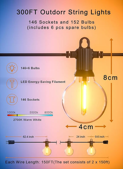 Zuske Outdoor String Lights Waterproof, 300FT Patio Lights with 146 Shatterproof G40 Globe Bulbs(6 Spare), Connectable Dimmable LED Hanging String Lights for Outside Backyard Porch Balcony (150FT x 2)