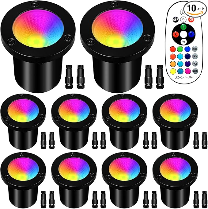 Low Voltage Landscape Lighting - 10W RGB Landscape Lights with Color Changing, 12V-24V Waterproof Outdoor In-Ground Lights for Yard Garden (10 Pack)