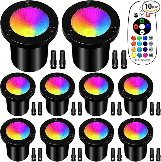 Low Voltage Landscape Lighting - 10W RGB Landscape Lights with Color Changing, 12V-24V Waterproof Outdoor In-Ground Lights for Yard Garden (10 Pack)