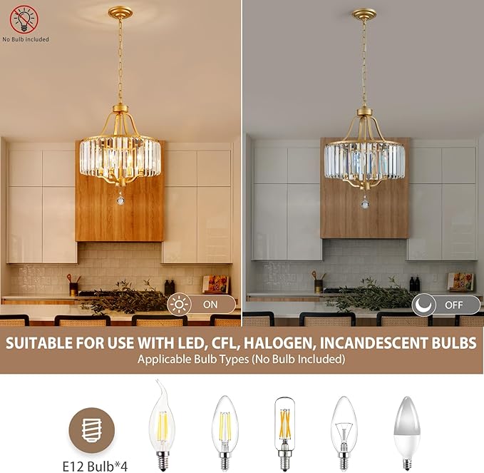 Gold Crystal Chandeliers for Dining Room, 4-Light Modern Round Chandeliers 15.7" for Living Room Kitchen Hallway Bedroom Foyer Hall, Adjustable Height Hanging Light Fixture