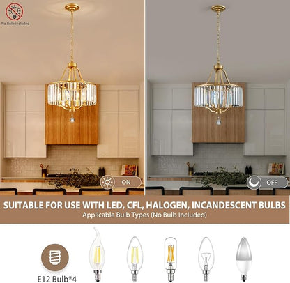 Gold Crystal Chandeliers for Dining Room, 4-Light Modern Round Chandeliers 15.7" for Living Room Kitchen Hallway Bedroom Foyer Hall, Adjustable Height Hanging Light Fixture