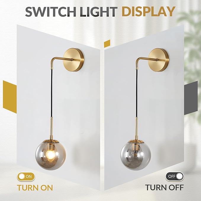 BOKT Mid Century Modern Wall Sconce Gold Wall Sconce Light Smoke Gray Glass Round Wall Lighting Fixture Brushed Brass Minimalist Adjustable Bar Wall Lamp (Gold+Smoky Grey)