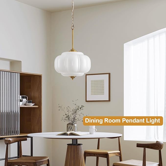 Milk Glass Pendant Light, 15in Large Schoolhouse Light Fixture, LED Bulb Included, Vintage Art Deco Chandelier for Kitchen Island Dining Room Bedroom Hallway, White & Antique Gold 1 Pack