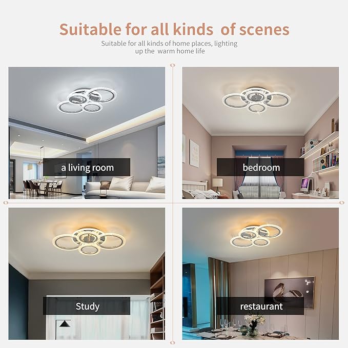 Garwarm Modern Ceiling Light 58W Dimmable Flush Mount LED Ceiling Lamp 4 Rings Acrylic Ceiling Chandelier for Living Room Dining Room Bedroom,Chrome