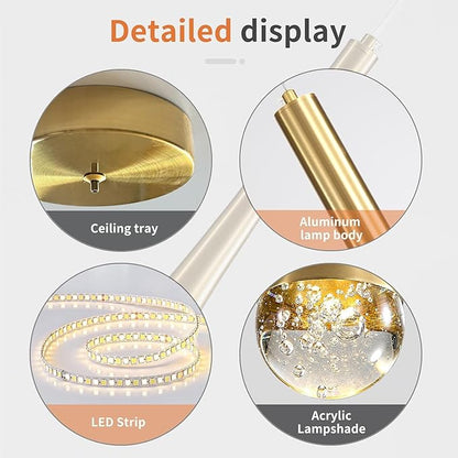 2 Pack Modern Gold LED Pendant Light, Kitchen Island Ceiling Hanging Lights, Teardrop Bubble Crystal, 3 Color 2700K/4500K/6500K, Bedside Small Chandelier Lamps for Bar, Dining Room, Hallway, Foyer