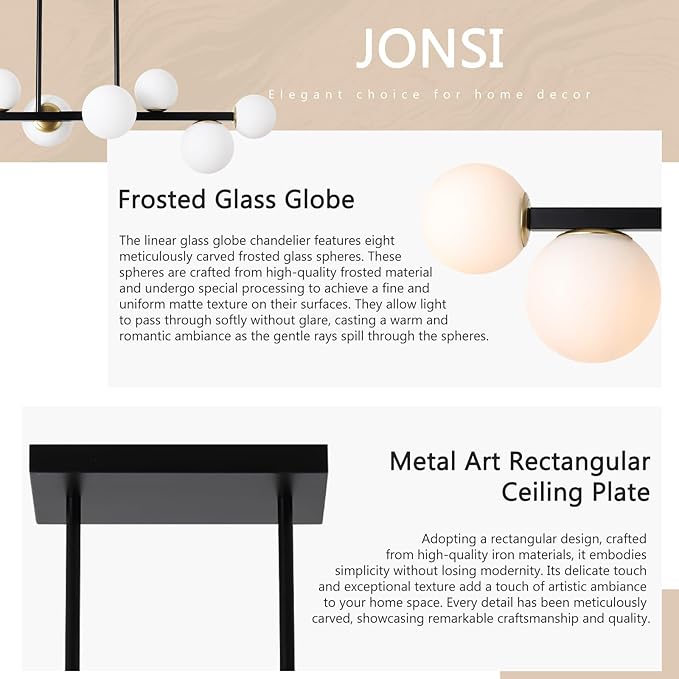 Jonsi Dining Room Light Fixture Over Table, Mid Century Chandeliers, Modern 8 Lights Globe Glass Linear Chandelier Adjustable Ceiling Hanging for Living Dining Room Kitchen Island, Black and Gold