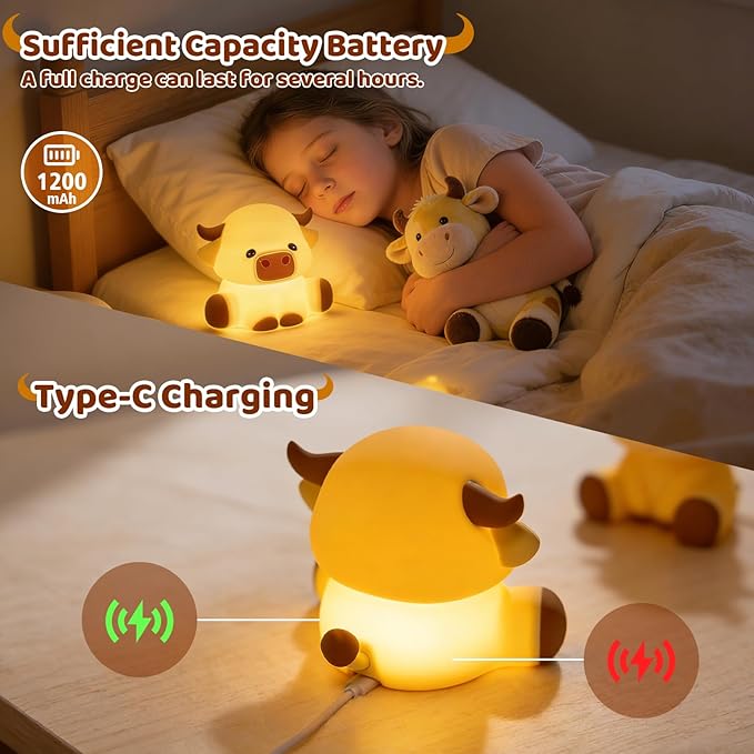 Cute Highland Cow Rechargeable Night Light, LED Touch Silicone Lamp for Bedroom with 7 Colors Timer and Dimmable Squishy Warm Light Night Lights, Animal Lamp for Bedroom Birthday Gift