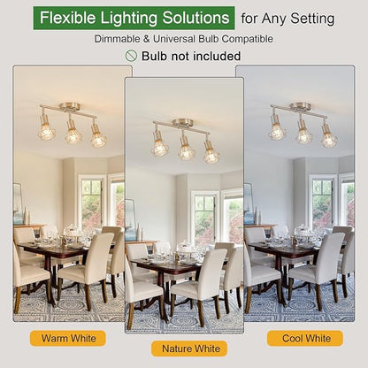 Brushed Nickel Track Lighting 3 Light Semi Flush Mount Ceiling Light Fixture Adjustable Flexibly Rotatable Farmhouse Dining Room Kitchen Light Fixtures with Metal Cage