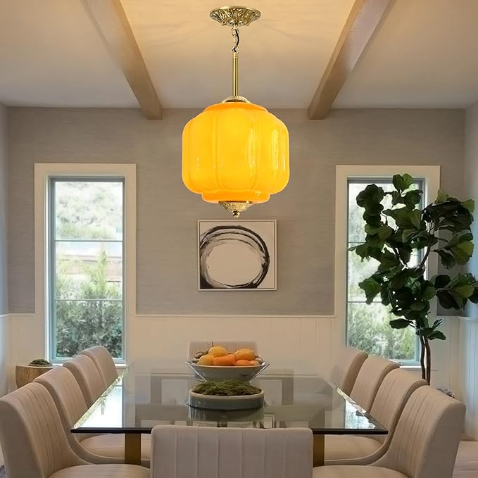 Milk Glass Pendant Light, 10 Inch Yellow Semi Flush Mount Ceiling Light, Vintage Glass Shade Chandelier With Dimmable E26 Base, Adjustable Hanging Rod, Pendant Light for Bedroom, Hallway, Dining Room