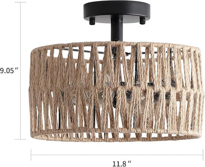 2-Light Coastal Woven Flush Mount Light Fixture Rustic Industrial Hemp Rope Semi Flush Mount Ceiling Light for Hallway Bedroom Kitchen Entryway Farmhouse, Black