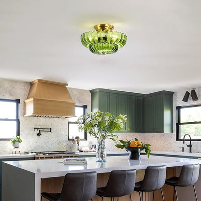 Semi Flush Mount Ceiling Light Fixture Vinatge Gold Ceiling Lights Mid Century Modern Green Glass Close to Ceiling Lighting Fixtures for Bedroom Hallway Foyer Bathroom Kitchen Laundry Room Nursery