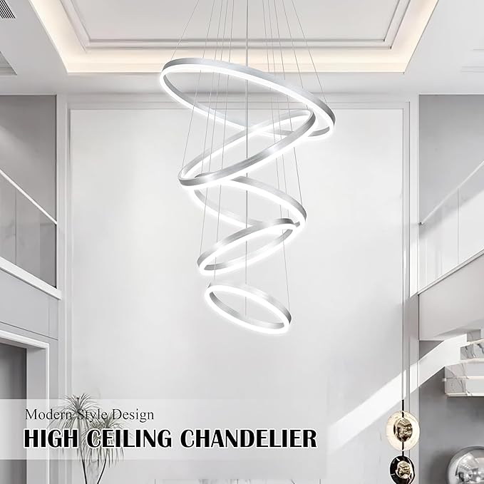 5 Rings Pendant Lights Modern Nickel Led Chandelier Nickel Modern Led Pendant Light Dimmable Height Adjustable Chandeliers for Dining Room Bedroom Entryway Living Room Foyer (3000K-6000K)
