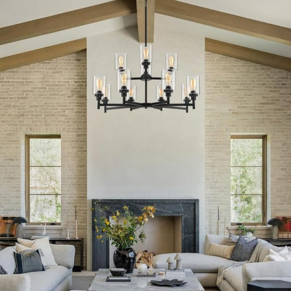 LIGHTDAMY Black Chandelier for Living Room Light Fixture, Large Farmhouse Chandeliers with Clear Glass Shade, Industrial 2-Tier 12 Lights Hanging Lighting for Dining Room Restaurant Villa