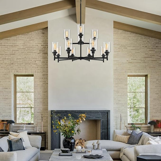 LIGHTDAMY Black Chandelier for Living Room Light Fixture, Large Farmhouse Chandeliers with Clear Glass Shade, Industrial 2-Tier 12 Lights Hanging Lighting for Dining Room Restaurant Villa