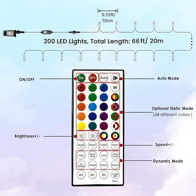 Smart Color Changing Christmas Lights,4th of July Decoration Lights with Remote & Timer, 66FT 200 LED Patriotic String Lights Waterproof, RGB Twinkle Light for 250th Anniversary Independence Day Decor