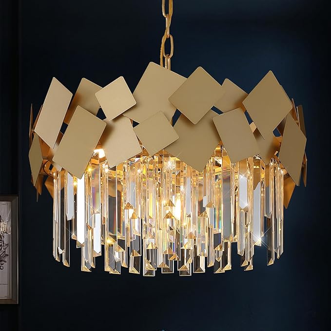 A AXILIXI Gold Crystal Chandelier for Dining Room Modern 20" Drum Chandeliers K9 Round Ceiling Pendant Light Fixtures Luxury Semi Flush Mount Chandelier for Entry Living Room Bedroom