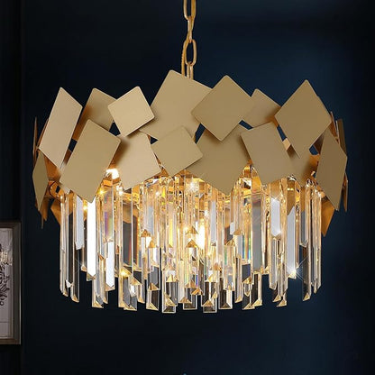 A AXILIXI Gold Crystal Chandelier for Dining Room Modern 20" Drum Chandeliers K9 Round Ceiling Pendant Light Fixtures Luxury Semi Flush Mount Chandelier for Entry Living Room Bedroom