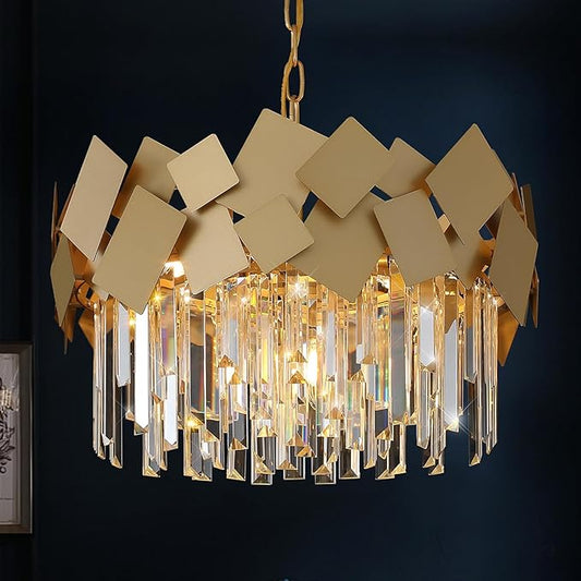 A AXILIXI Gold Crystal Chandelier for Dining Room Modern 20" Drum Chandeliers K9 Round Ceiling Pendant Light Fixtures Luxury Semi Flush Mount Chandelier for Entry Living Room Bedroom