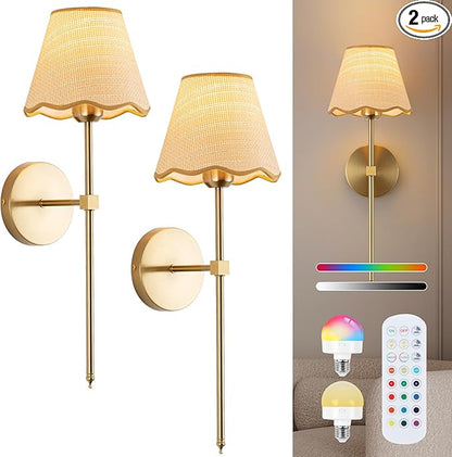 ADISUN Battery Operated Wall Sconce Set of 2, Gold Wall Lamps Rechargeable Bulbs for Living Room, Rattan Shade Wireless Wall Lights for Bedroom Living Room Hallway Kitchen(2 Bulbs Included)