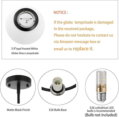 BYOLIIMA 2-Lights Modern Globe Chandelier Mid Century Pendant Light Matte Black Ceiling Hanging Lighting Fixture with White Globe Glass Lampshade for Kitchen Island Dining Room Bedroom